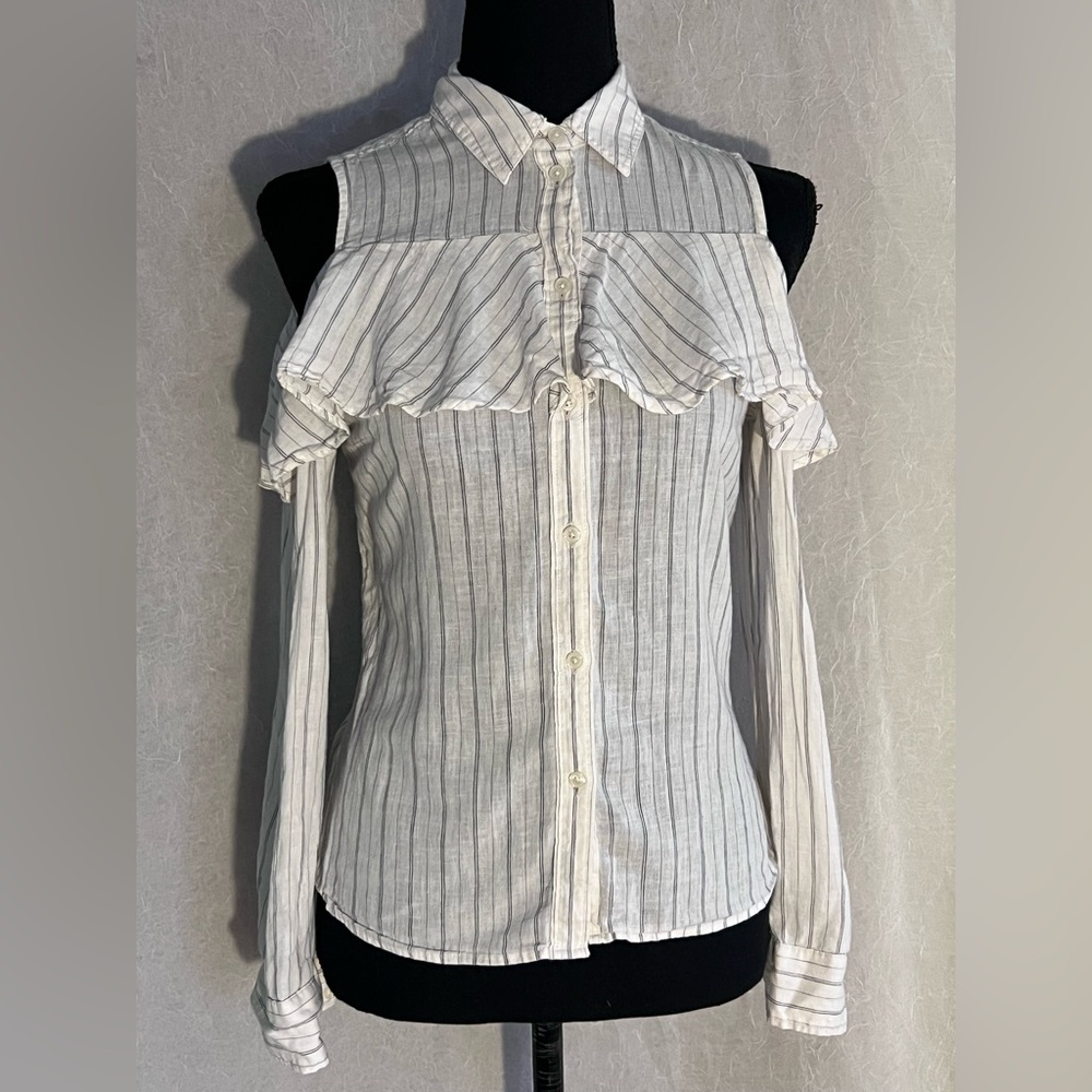 EXPRESS Striped Cold Shoulder Blouse - White and Gray